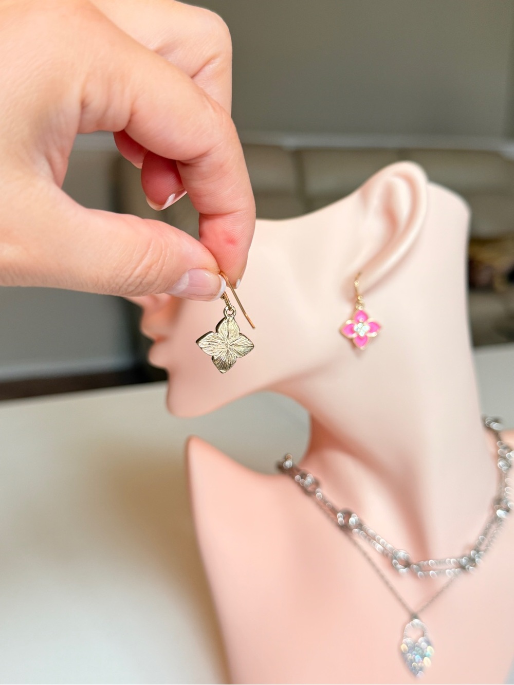 Gold Pink Enamel Flower Drop Earrings with CZ - Picture 7 of 12